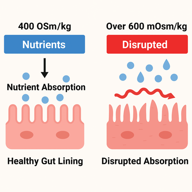 Illustration comparing nutrient absorption in calves fed milk replacer with normal vs. high osmolality